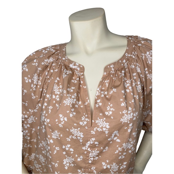 LANE BRYANT Tan Beige & White Floral Short-Puff Sleeve Split-Neck Top Blouse, 18 - Picture 9 of 14